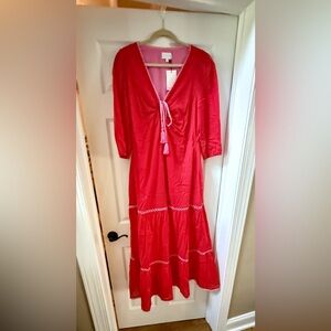 Sugarlips Cotton lined Red Maxi Dress with tie front 3/4 sleeves nwt